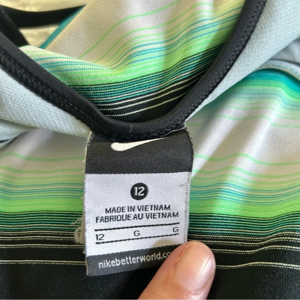 Nike Green, Blue & Black Stripe Criss Cross Back Built in Bra Tankini Sz 12